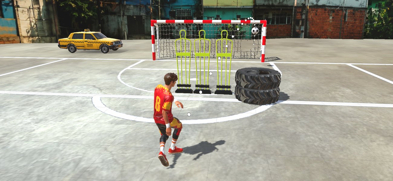 Curl It gameplay: lining up a free kick against a wall of dummies on a street pitch