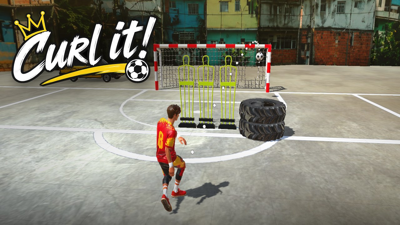 Curl It: a player lines up a curling free kick over a wall of dummies on a street pitch